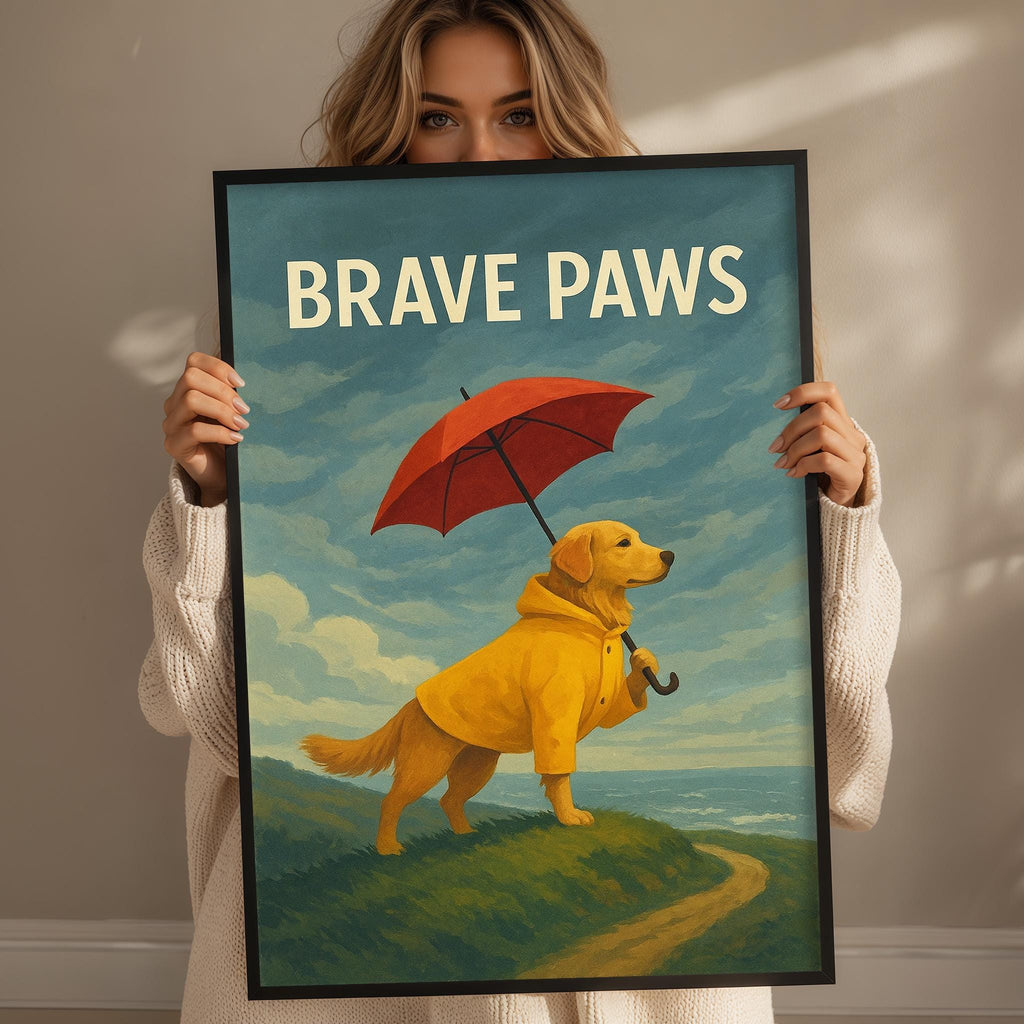 A woman holds up a framed poster featuring a yellow dog standing on a grassy hill, holding an umbrella, with the text "BRAVE PAWS" written above the image.
