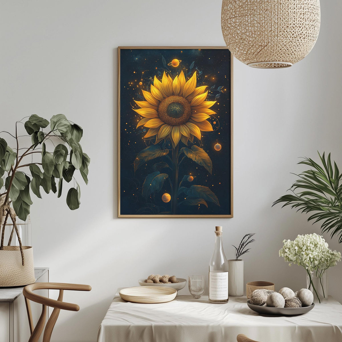 a dining table with a white tablecloth, a vase of white flowers, a bottle of wine, and a bowl of fruit. Above the table, there is a framed painting of a sunflower with a starry background.