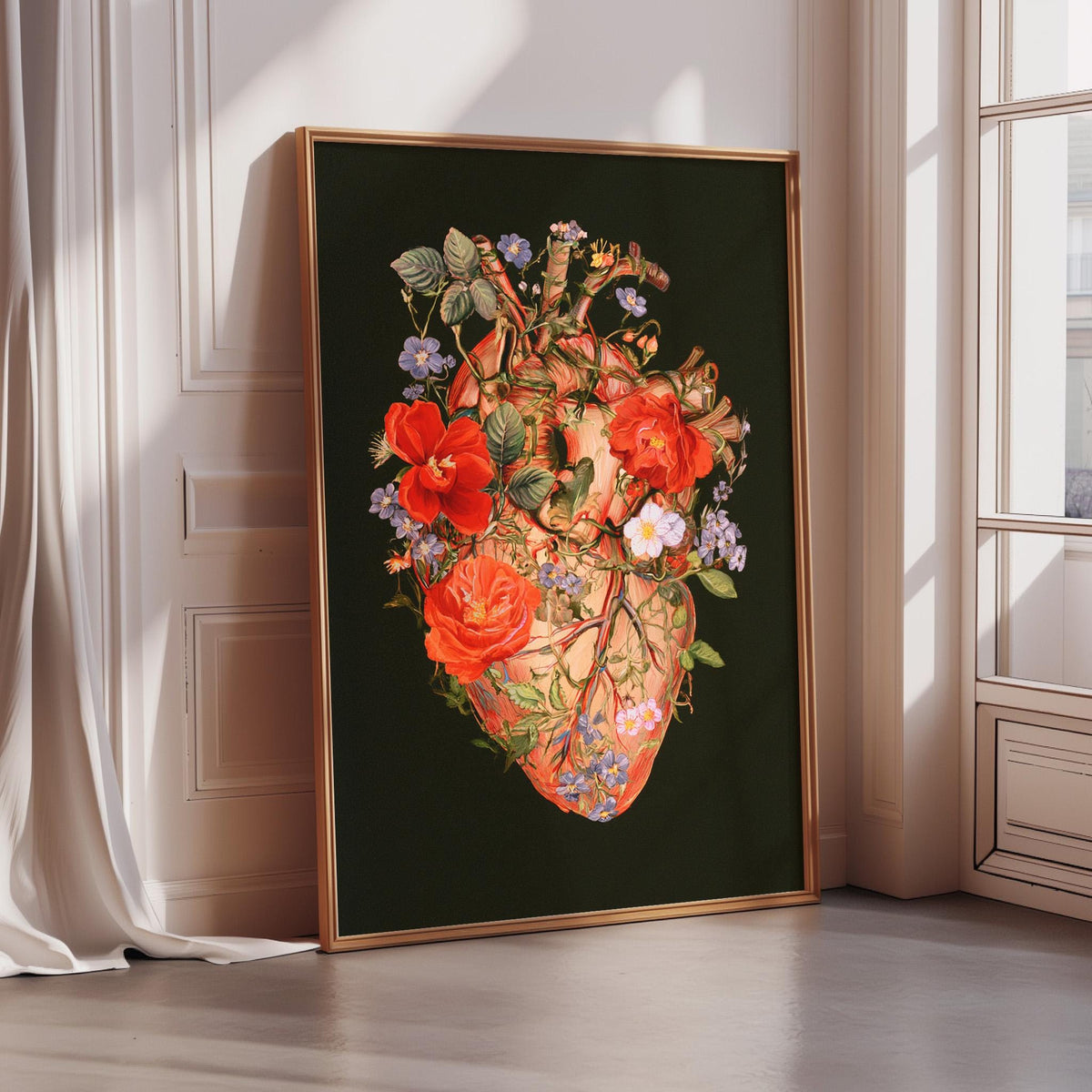 a large, ornate, and colorful painting of a heart, which is displayed on a wall.