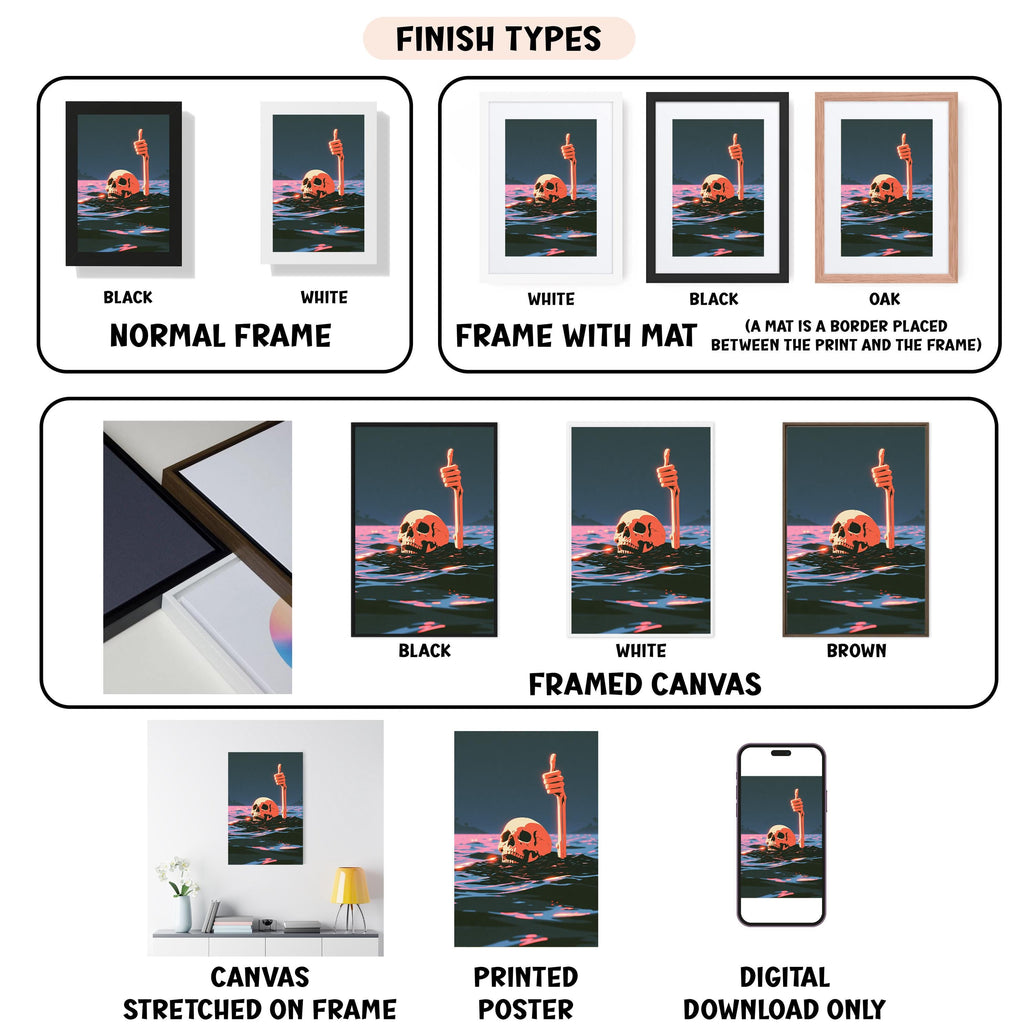 various types of artwork, including framed prints, canvas prints, and digital prints, each with different finishes and mat placements.