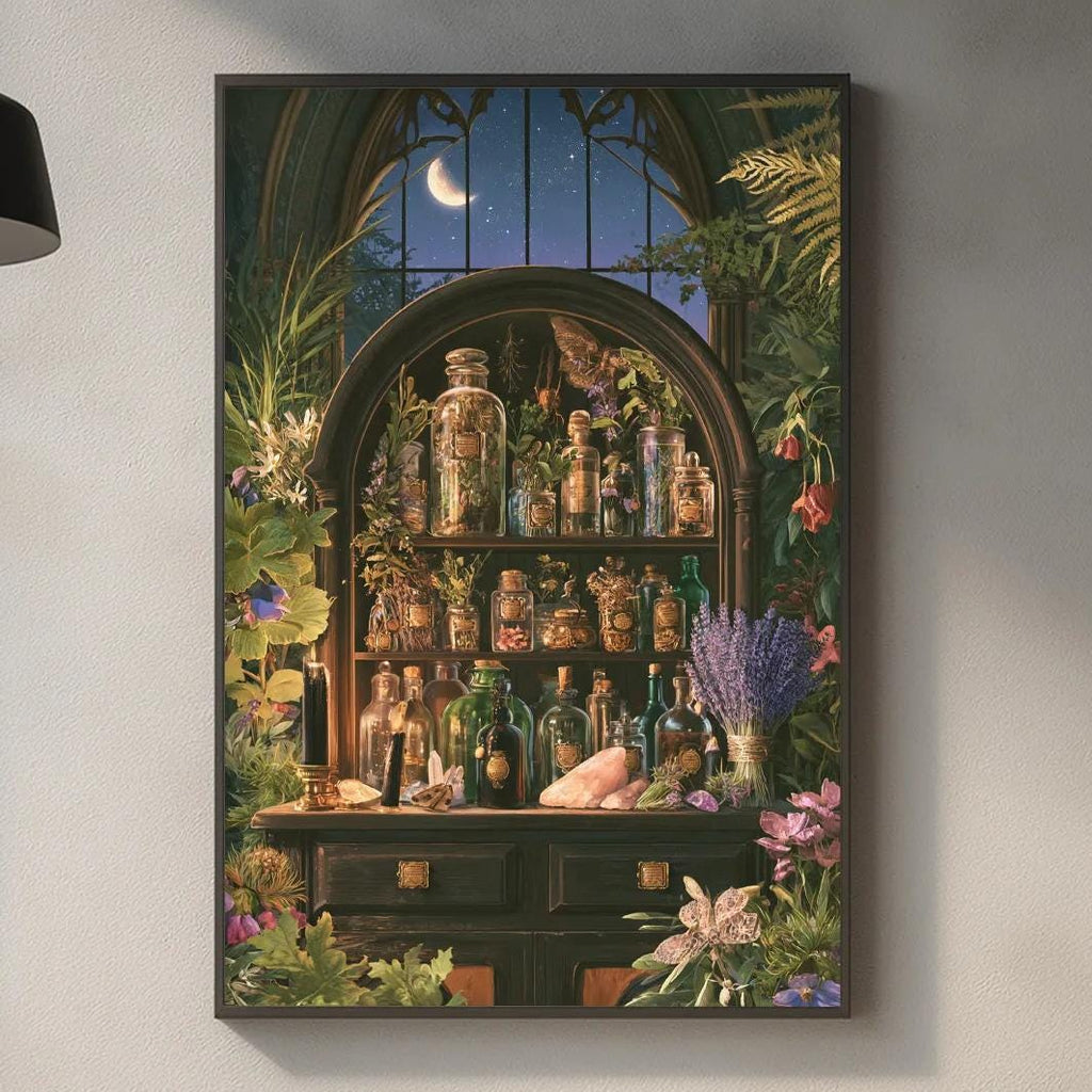 a kitchen counter with various items such as a cutting board, a soap dish, and a plant. Above the counter, there is a framed picture depicting a shelf with an assortment of bottles and jars.