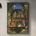 a kitchen counter with various items such as a cutting board, a soap dish, and a plant. Above the counter, there is a framed picture depicting a shelf with an assortment of bottles and jars.