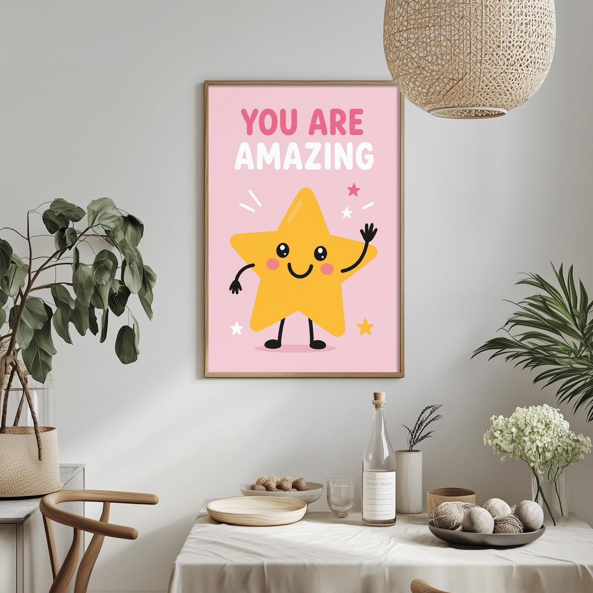 a framed poster with a cheerful yellow star character on a pink background, surrounded by stars and flowers, with the text "YOU ARE AMAZING" displayed above the star. The poster is hung on a wall above a dining table with various items on it, including a bottle, a bowl, and a vase.