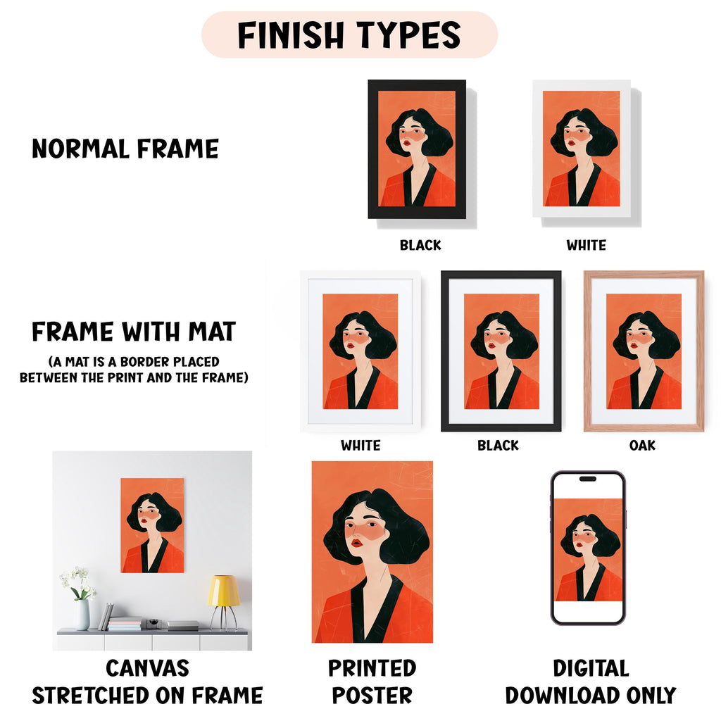 various types of artwork, including a portrait of a woman in different frames and a canvas stretched on a frame.