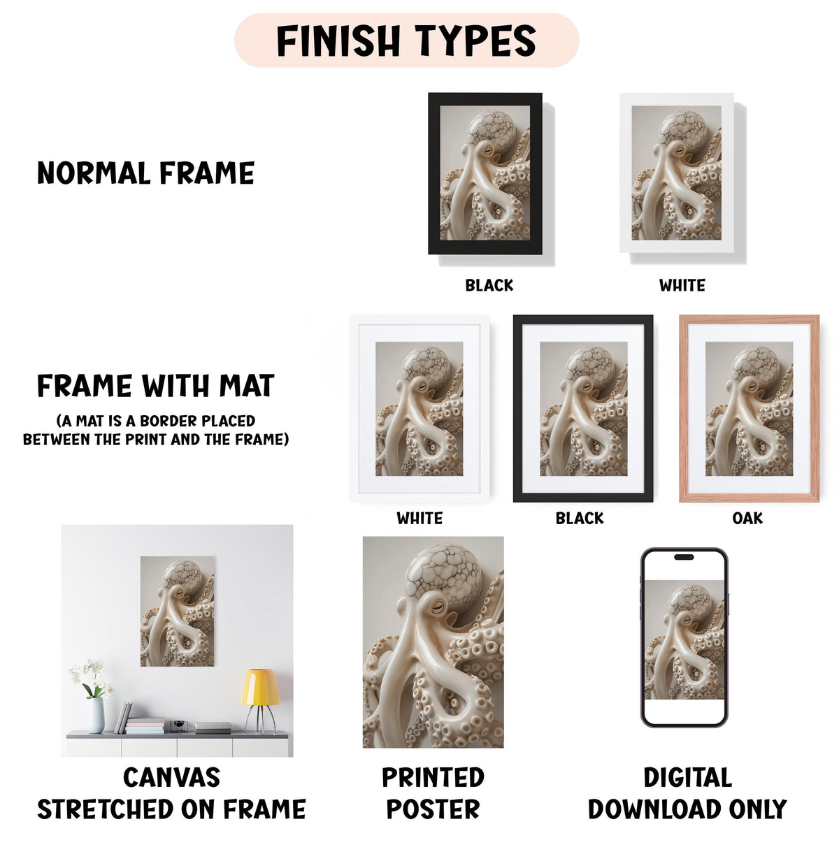 various finish types for framed artwork, including a normal frame, a frame with a mat, a white frame, a black frame, an oak frame, a white canvas stretched on a frame, a printed poster, and a digital download only.
