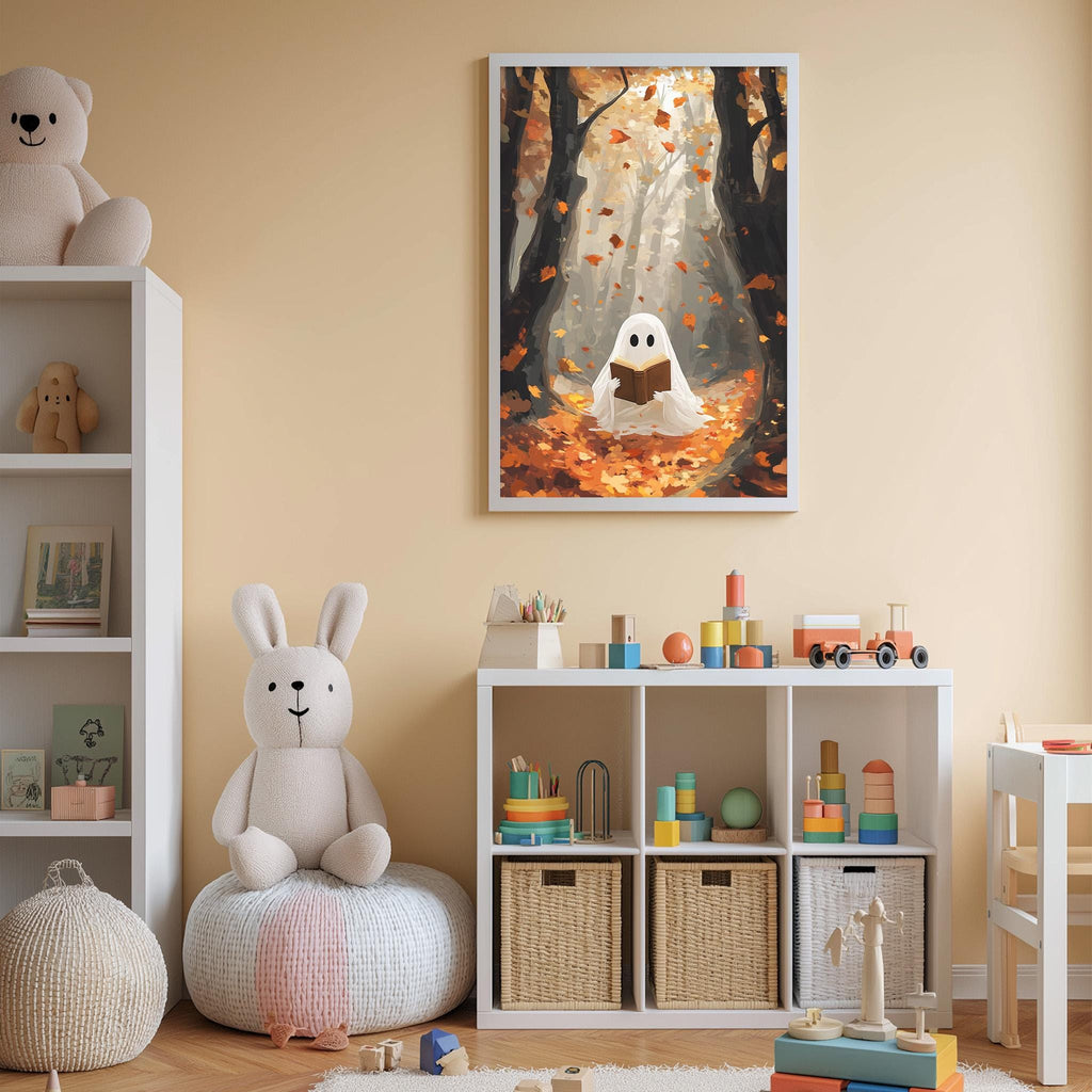 A cozy children's room with a white bookshelf, a plush bunny, and a framed picture of a ghost in a forest setting.