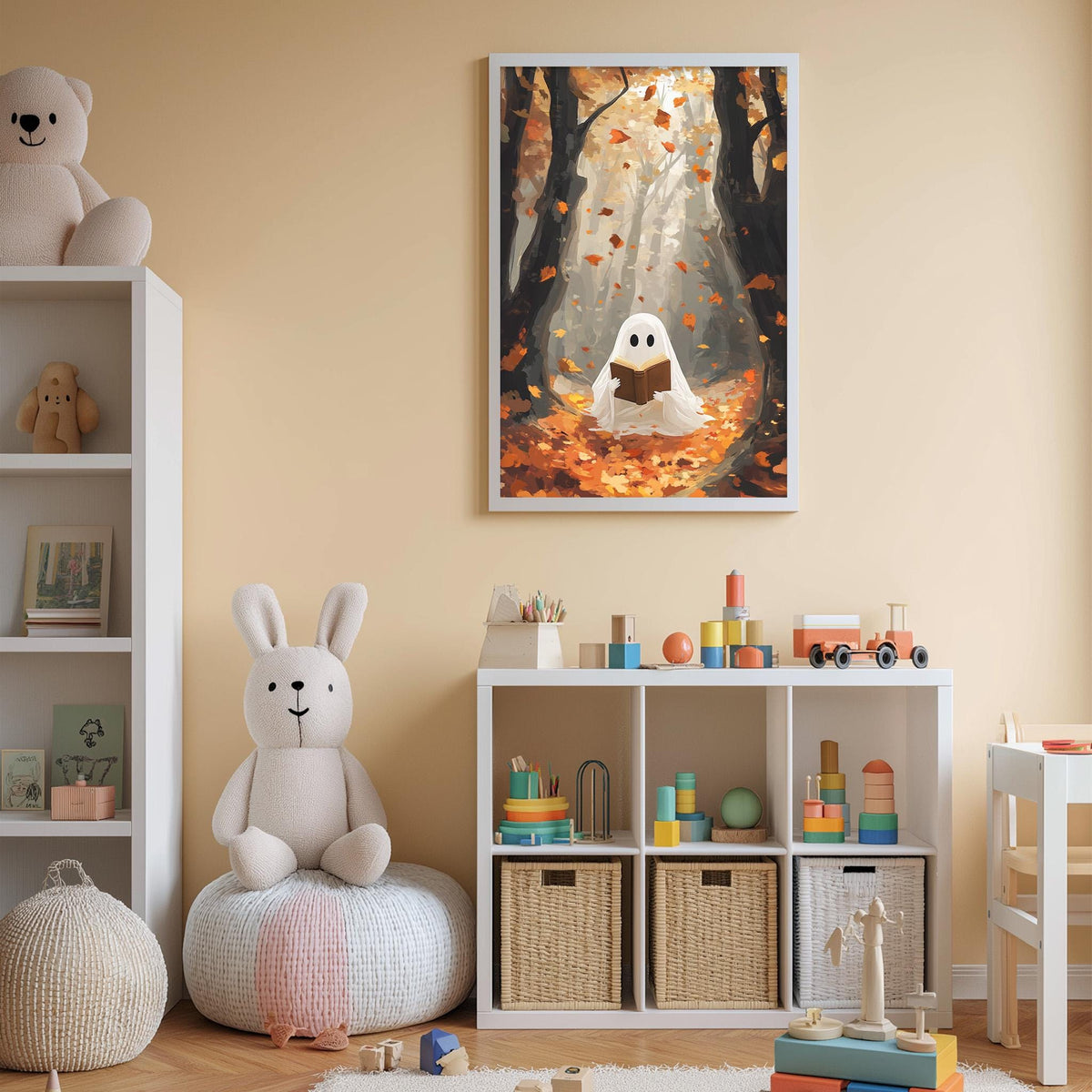 A cozy children's room with a white bookshelf, a plush bunny, and a framed picture of a ghost in a forest setting.