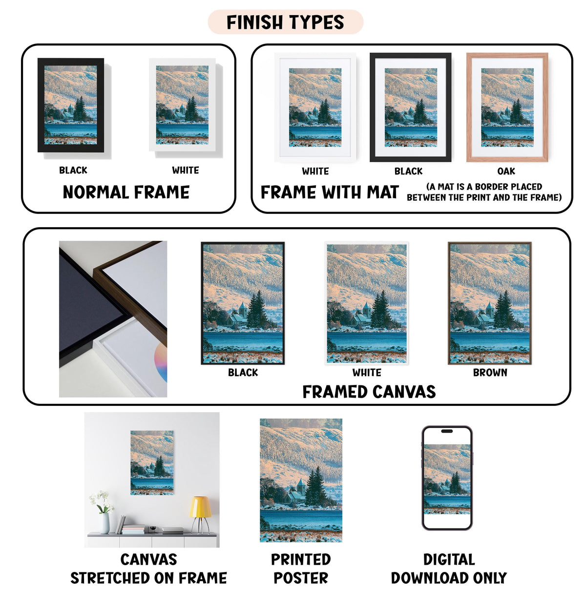 various finish types for artwork, including canvas, framed canvas, stretched canvas, printed poster, and digital download only.