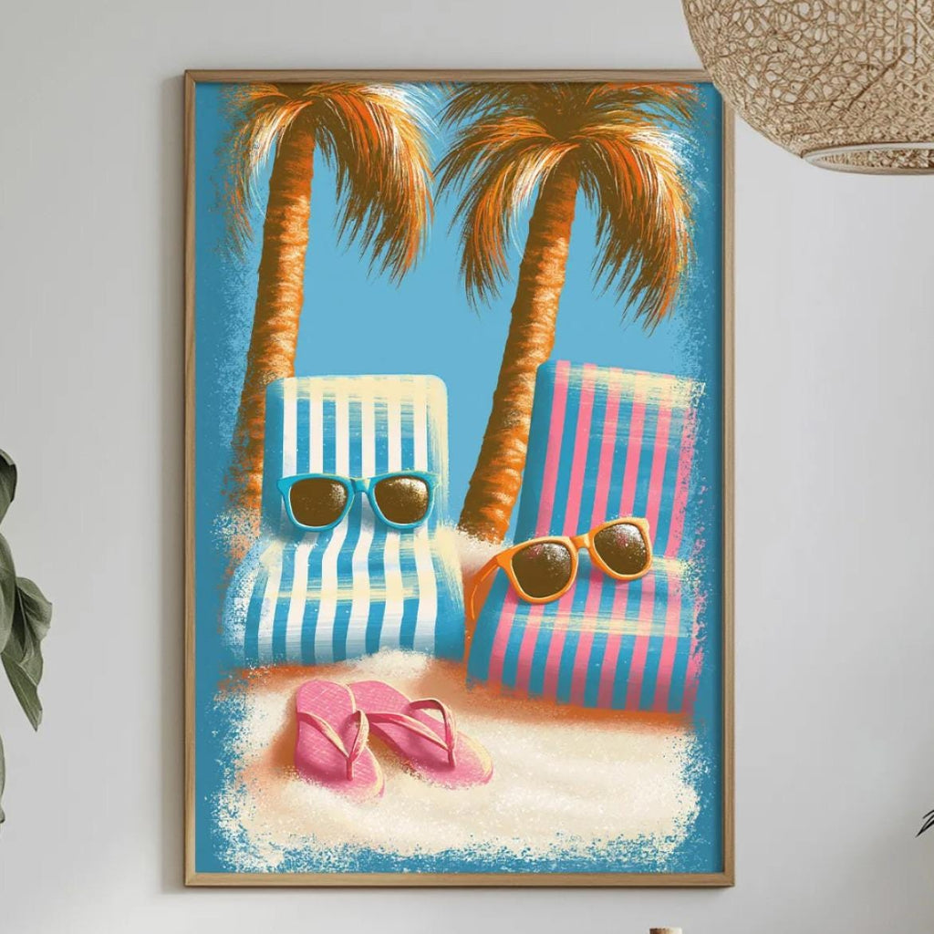 a vibrant beach scene with two lounge chairs, palm trees, and a pair of sunglasses, all set against a blue background. The chairs are striped in shades of blue and pink, and the sunglasses are placed on the sand. The scene is framed by a white wall, and there are potted plants and a table with a vase and a bottle of wine on it.