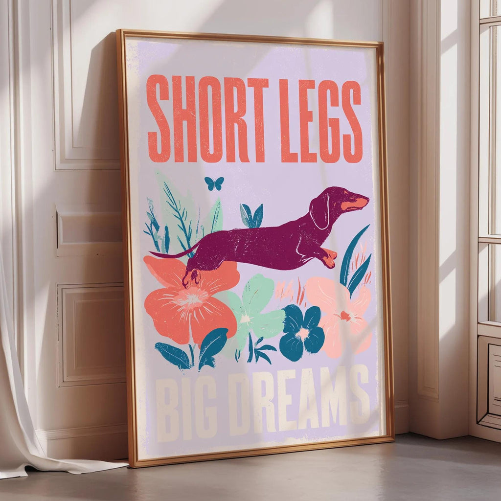 a poster with a dachshund dog and colorful floral designs.
