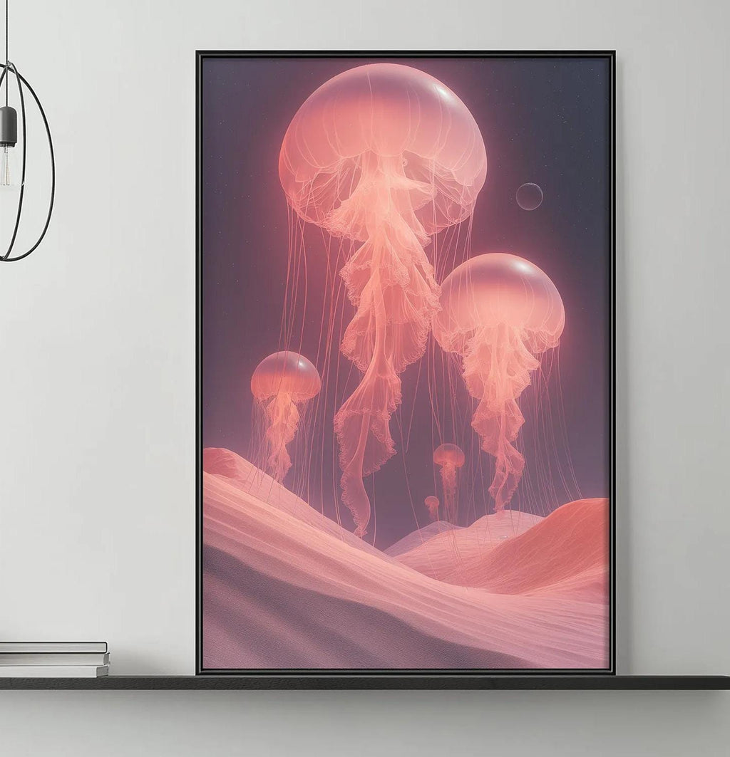 a large, vibrant painting of jellyfish floating in a pinkish-orange ocean scene, hanging on a wall above a gray couch with a coffee table in front of it.