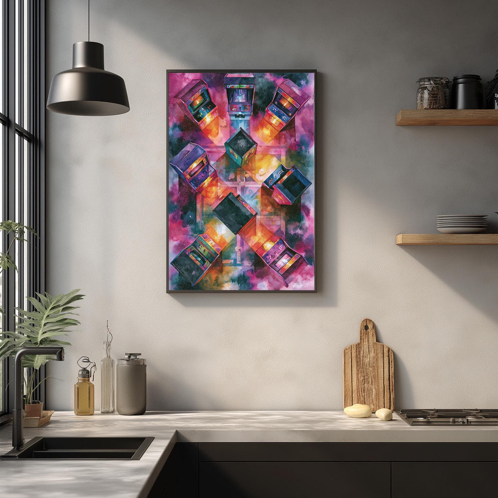 a vibrant, colorful abstract painting hanging on a wall above a kitchen counter. The painting is composed of various shapes and colors, creating a visually striking and dynamic composition.