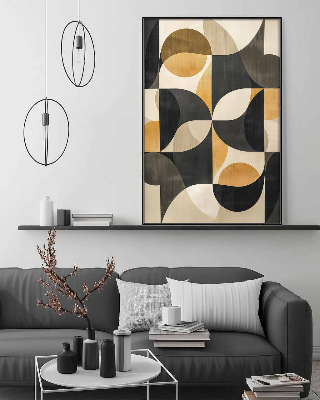 a modern living room with a gray sofa, a coffee table, and a large abstract painting on the wall above the sofa.