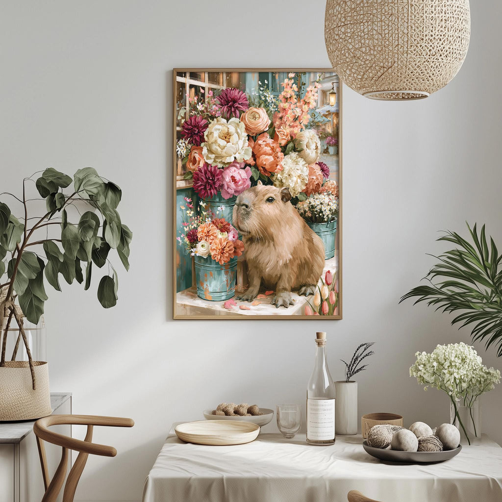 a cozy dining area with a table set for a meal, surrounded by potted plants and a hanging light fixture. A framed painting of a brown capybara is displayed on the wall above the table, adding a touch of nature and color to the space.