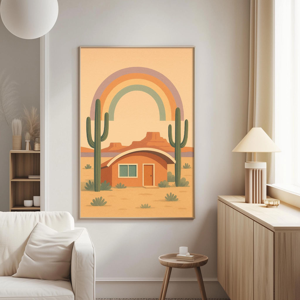 a living room with a large framed poster of a desert landscape hanging on the wall, depicting a cactus and a house with a rainbow arching over it.