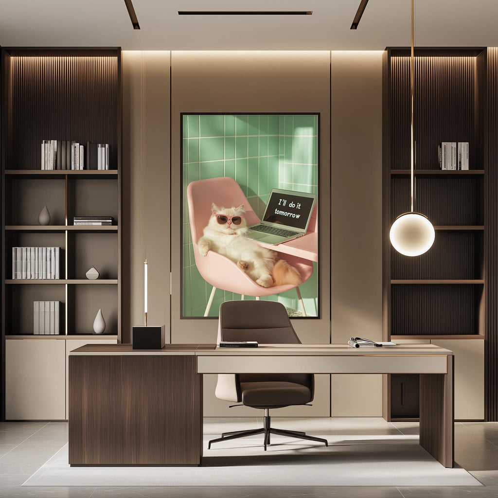 a modern office space with a desk, chair, and a large framed poster featuring a cat sitting in a chair with a laptop on its lap.