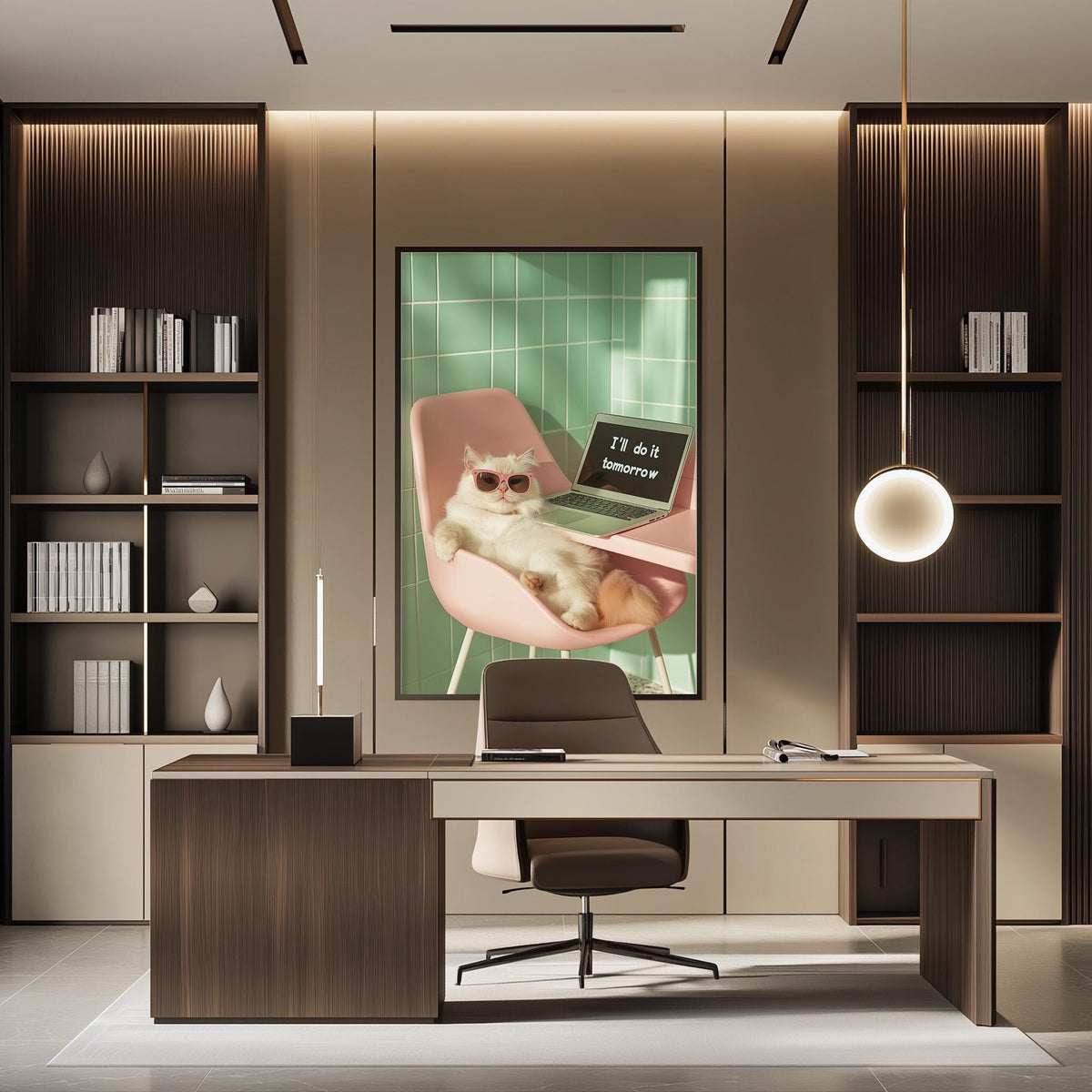a modern office space with a desk, chair, and a large framed poster featuring a cat sitting in a chair with a laptop on its lap.