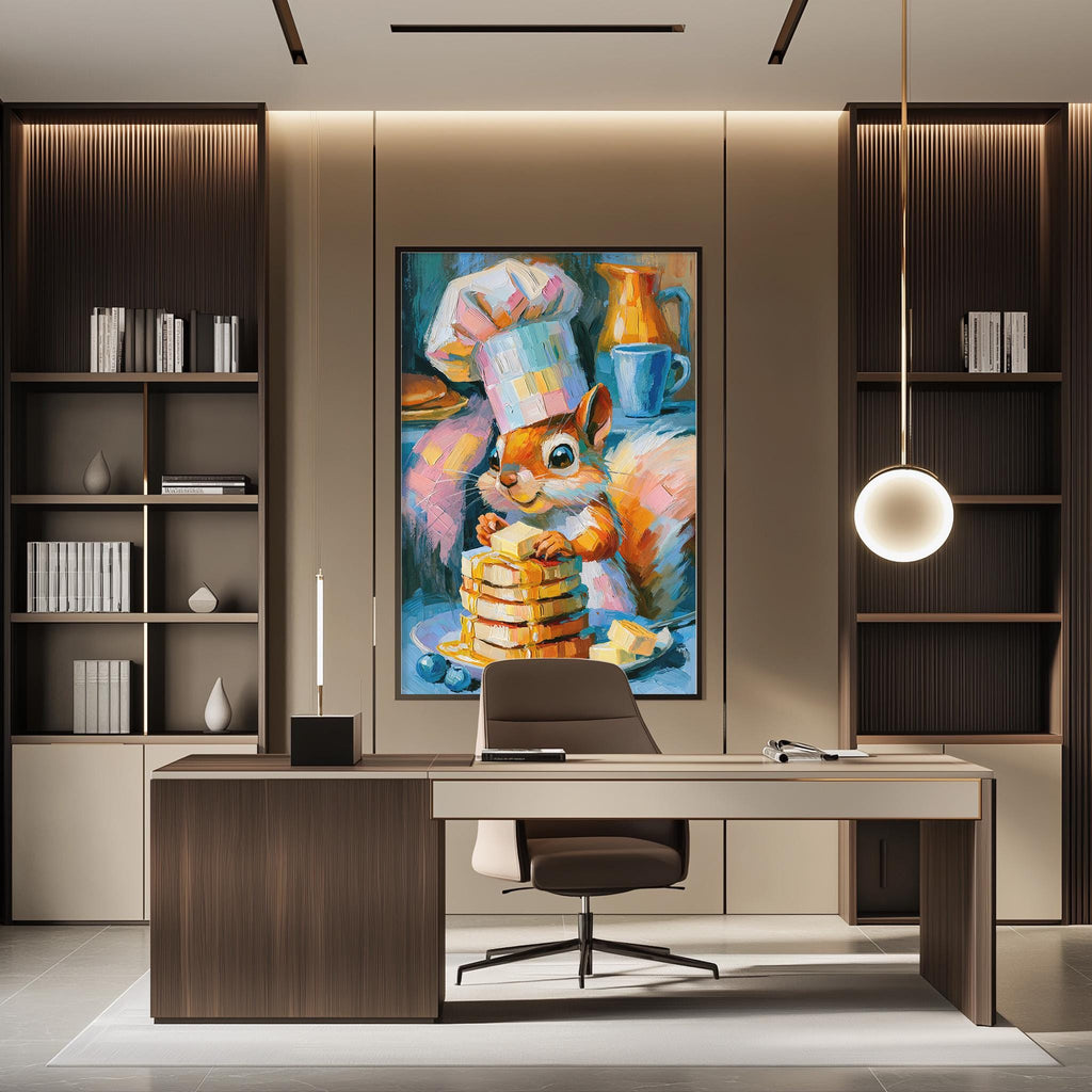 a modern office space with a large painting of a squirrel wearing a chef's hat and holding a stack of pancakes as the focal point. The office has a wooden desk, a chair, and a bookshelf with various books and decorative items.