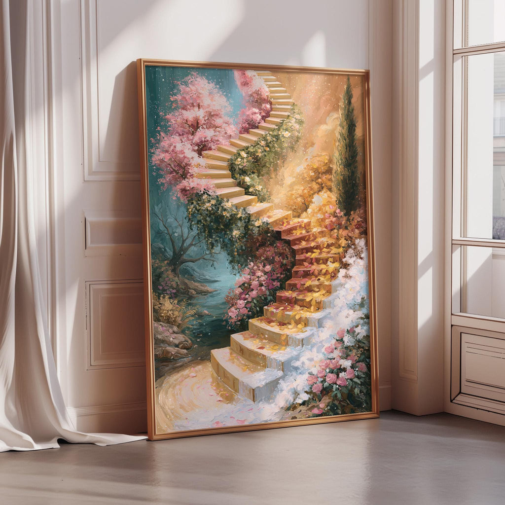 A large, framed painting depicting a fantastical staircase leading up to a garden or forest, with vibrant colors and intricate details.
