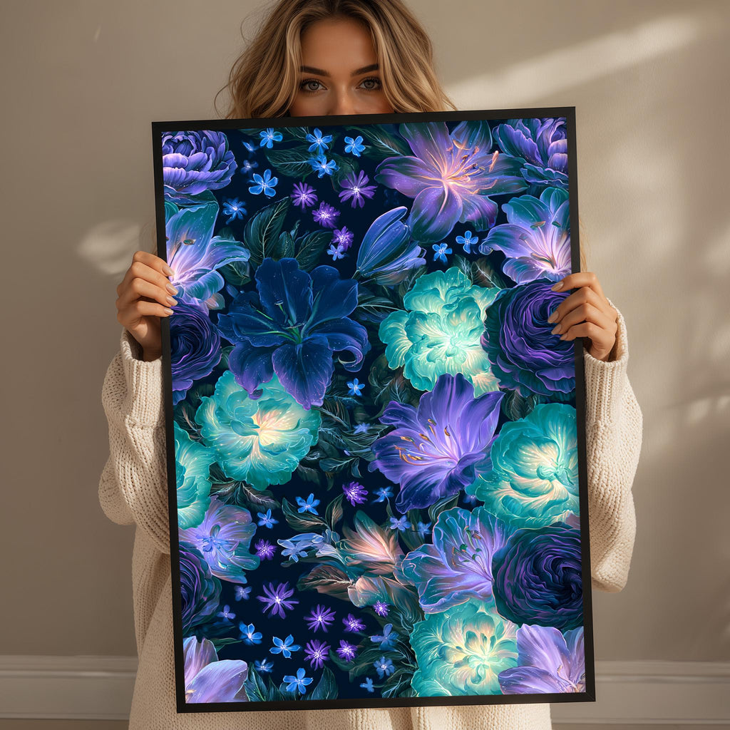 A woman holds up a framed print of a vibrant floral design, featuring a variety of colorful flowers and leaves in shades of blue, purple, and green.