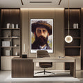 a modern office space with a large portrait of a man with a beard hanging on the wall above a desk with a chair.
