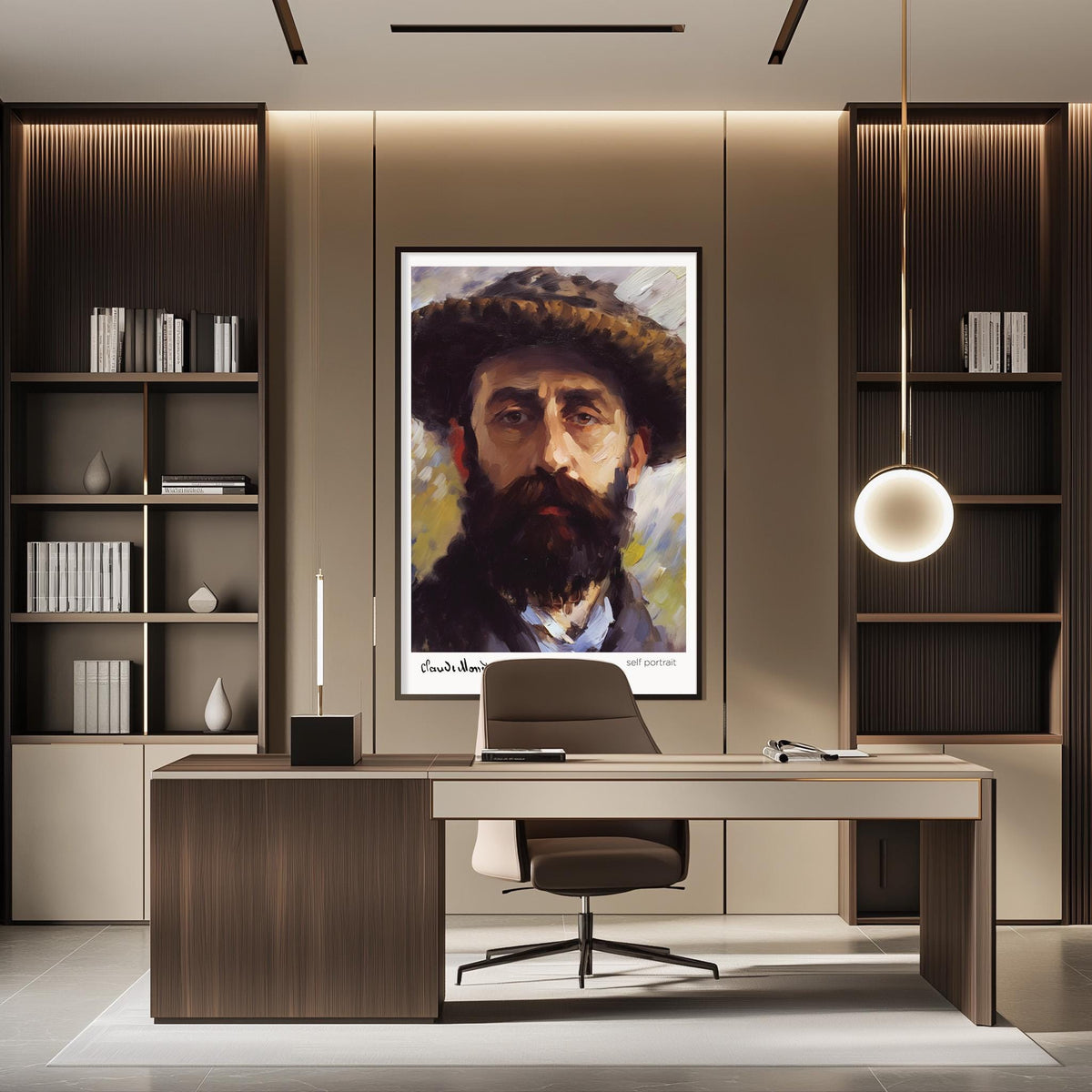a modern office space with a large portrait of a man with a beard hanging on the wall above a desk with a chair.