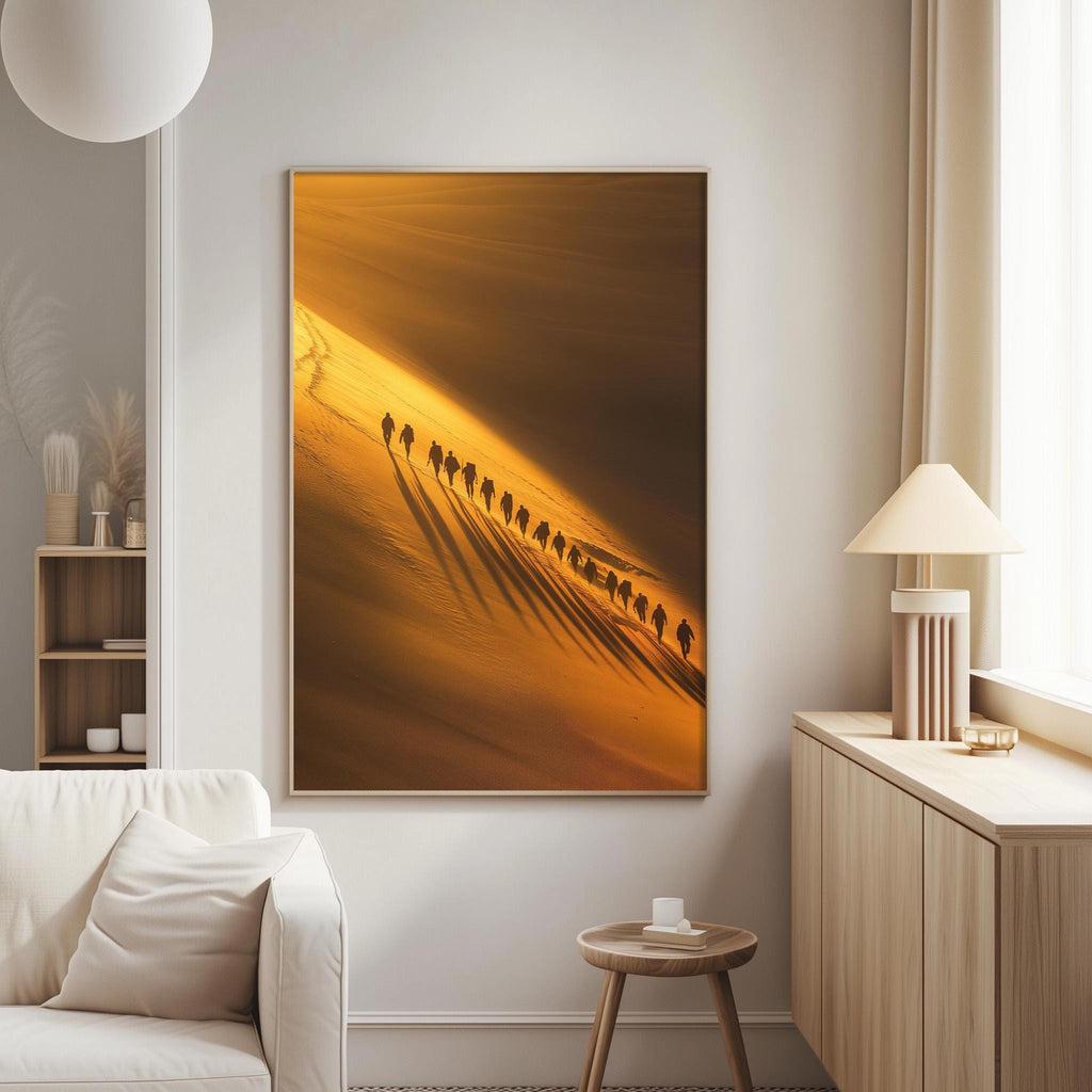 a large, framed photograph of a group of people walking along a path, with the sun casting long shadows and creating a warm, golden glow on the scene.