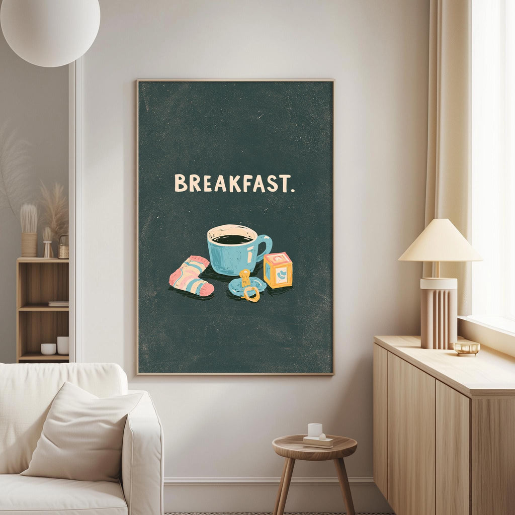 a cozy living room with a large framed poster on the wall that says "BREAKFAST." The poster includes illustrations of a cup of coffee, a muffin, and a bowl of fruit.