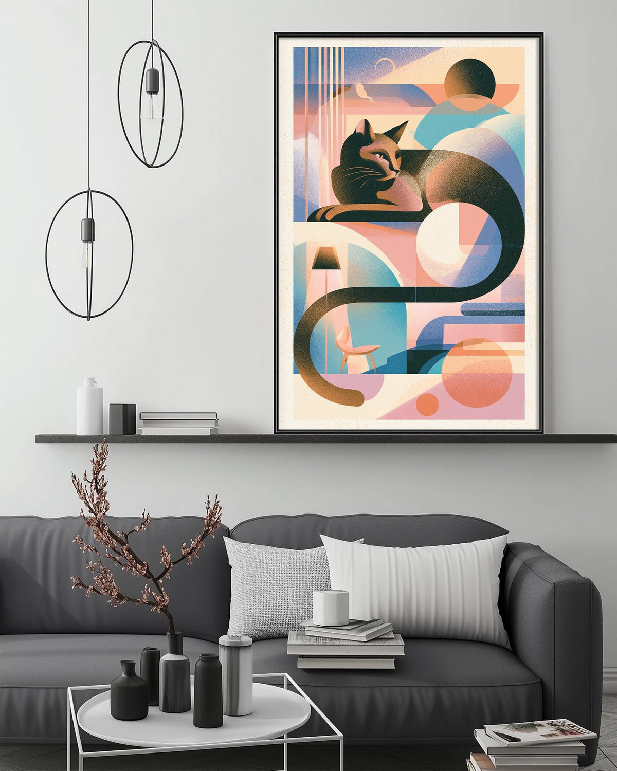 a modern living room with a gray sofa, a coffee table, and a large abstract painting hanging on the wall above the sofa.