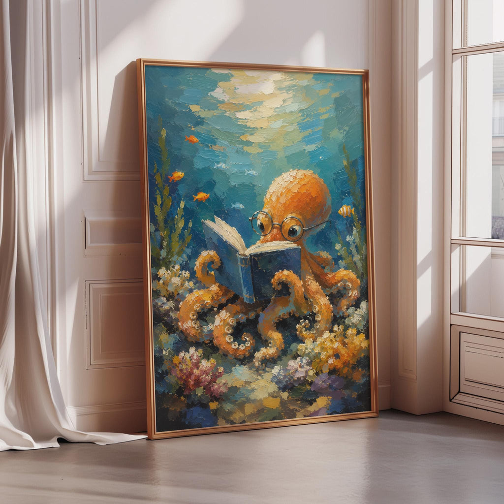 The image is a painting of an orange octopus reading a book underwater, surrounded by colorful coral and fish.