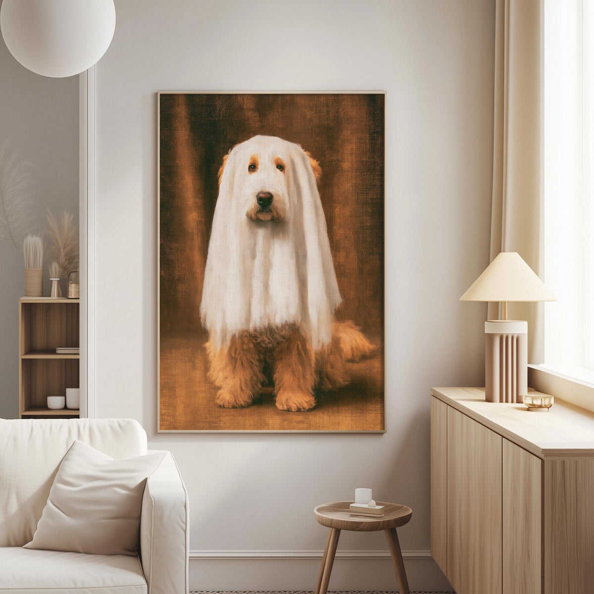 a large framed picture of a dog with a white fur coat, sitting on a wooden surface. The dog appears to be looking directly at the camera. The room has a white couch and a wooden side table, creating a cozy and inviting atmosphere.