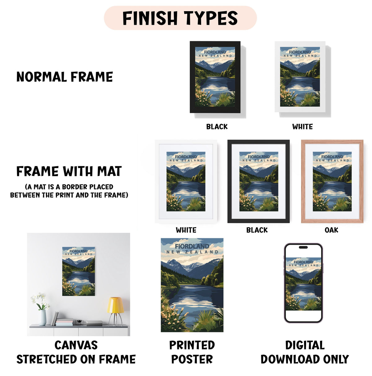 various framed artworks depicting landscapes, including a mat placed between the print and the frame. The artworks are labeled with different finish types, such as "NORMAL FRAME", "FRAME WITH MAT", "WHITE", "BLACK", "OAK", and "DIGITAL DOWNLOAD ONLY". The artworks are also described as "CANVAS STRETCHED ON FRAME", "PRINTED POSTER", and "DIGITAL DOWNLOAD ONLY".