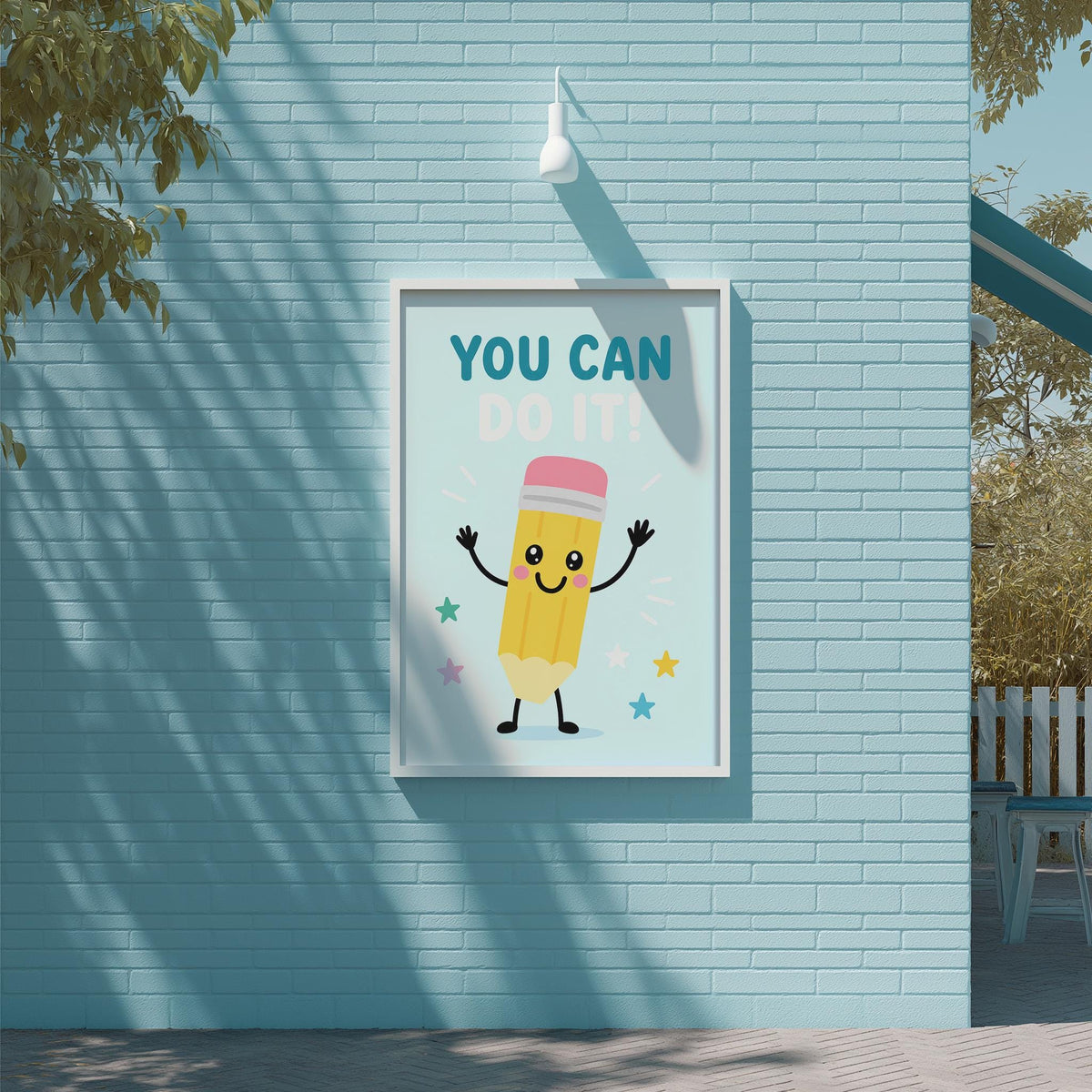 A framed poster with a cartoon pencil character on a blue brick wall, displaying the text "YOU CAN DO IT!"