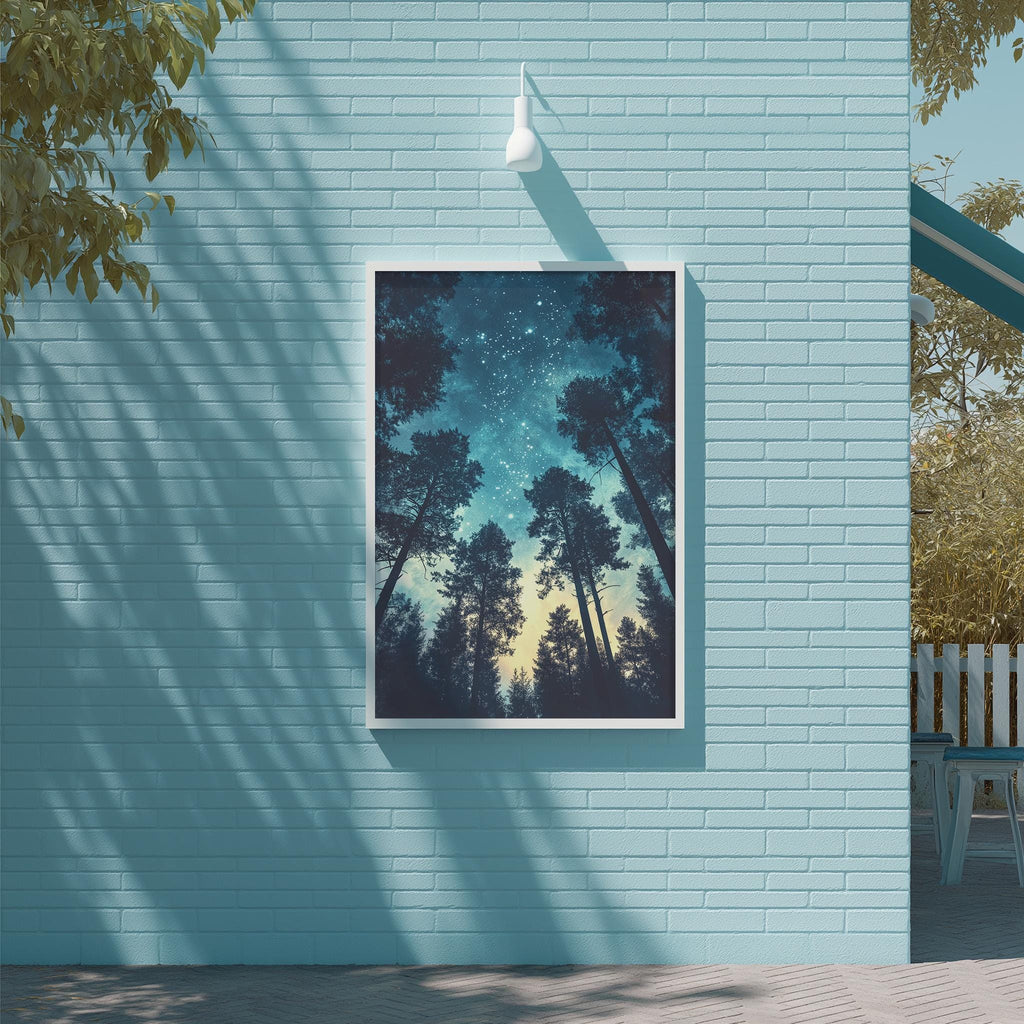 a blue brick wall with a framed picture of a starry night sky hanging on it.