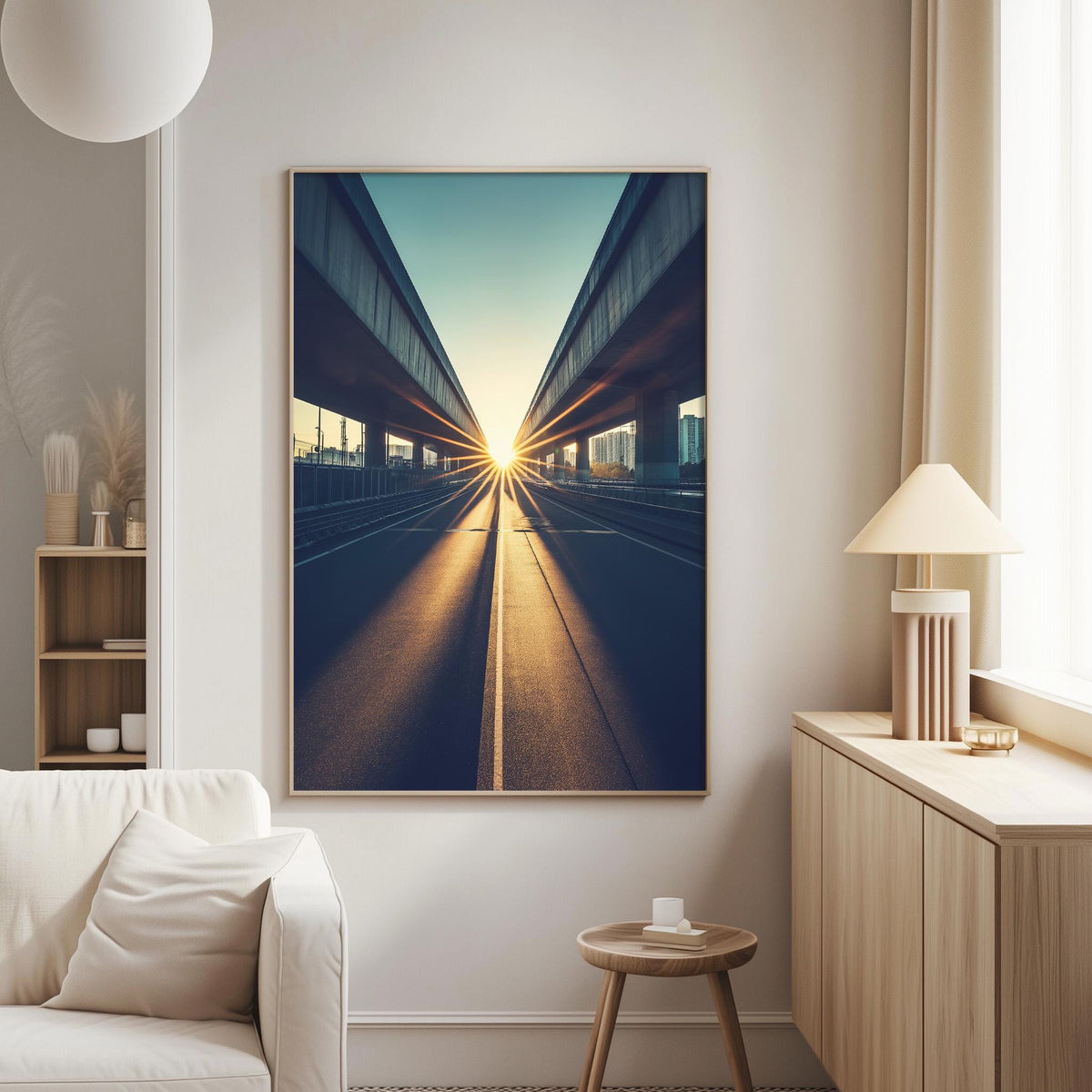 a large framed photograph of a city street with a sunburst effect, hanging on a white wall in a living room.