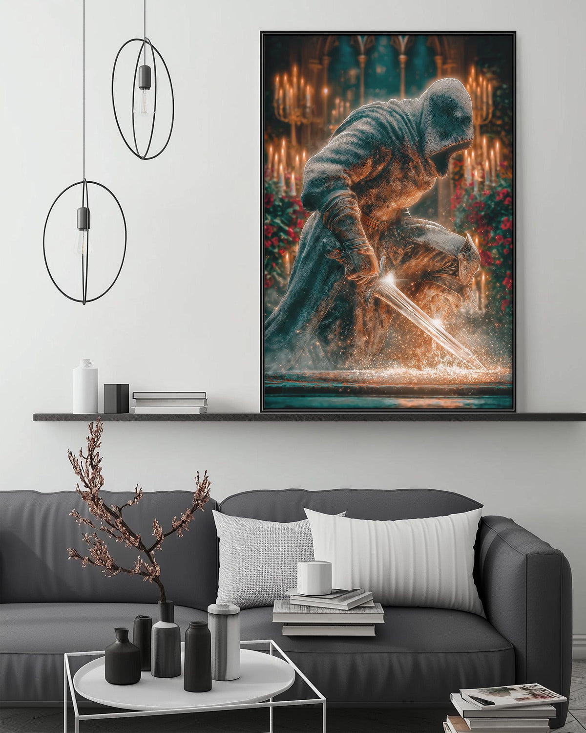 a large, colorful painting of a figure wielding a sword, set against a backdrop of a castle or palace. The painting is displayed on a wall above a gray couch, which is adorned with various decorative items such as vases, books, and a potted plant. The overall scene appears to be a cozy and inviting living space.