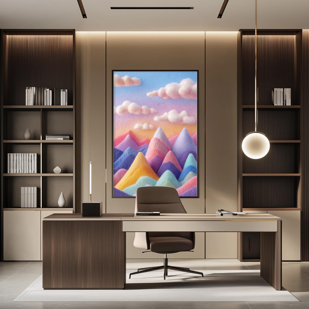 a modern office space with a large, colorful painting of mountains hanging on the wall above a desk with a chair.