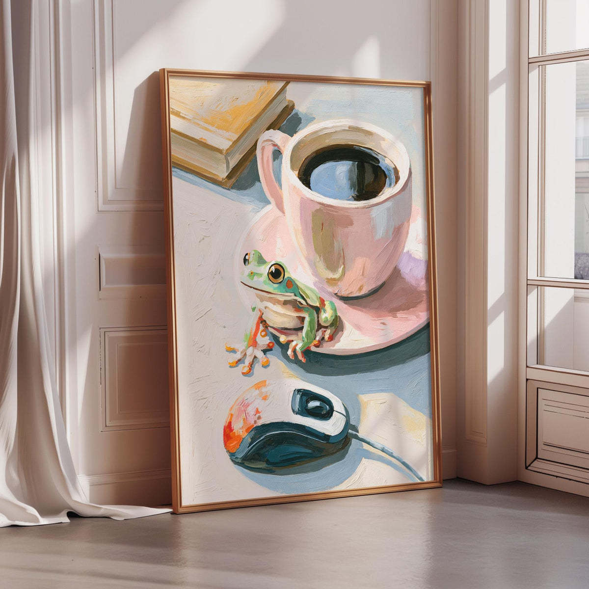 The image is a painting depicting a green frog sitting on a pink saucer with a cup of coffee, accompanied by a computer mouse.