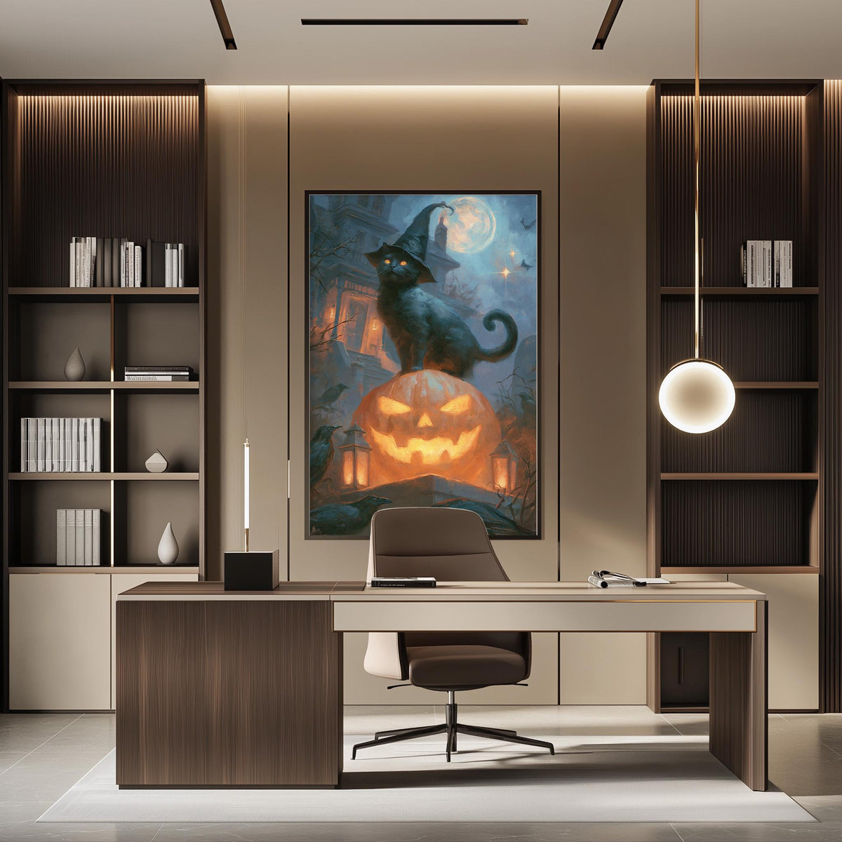 a modern office space with a large framed painting of a black cat sitting on a jack-o-lantern, which appears to be a Halloween-themed artwork. The office has a wooden desk, a chair, and a bookshelf with various books and decorative items. The overall design and decor create a stylish and contemporary atmosphere.