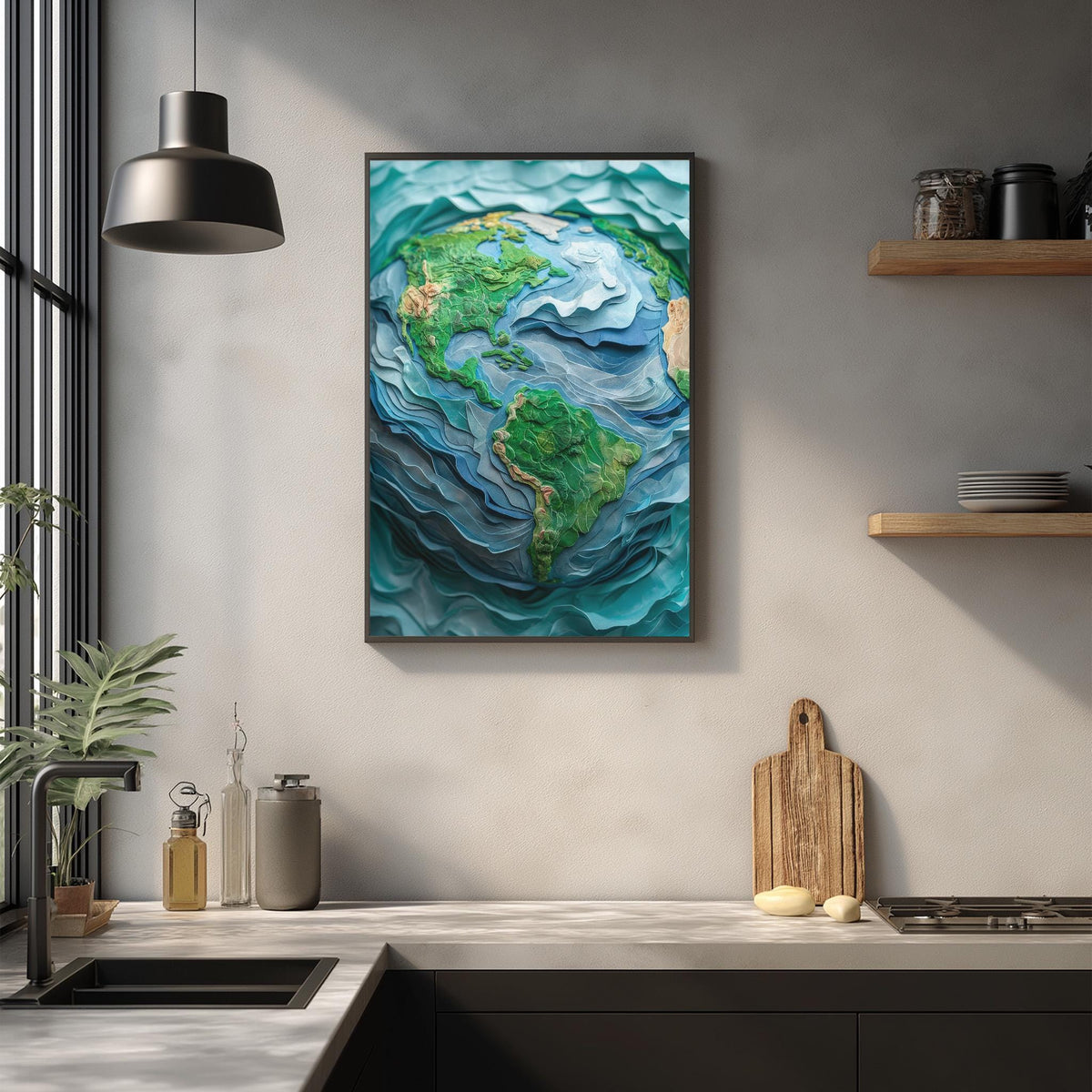 a large, colorful painting of the Earth hanging on a wall in a modern kitchen.