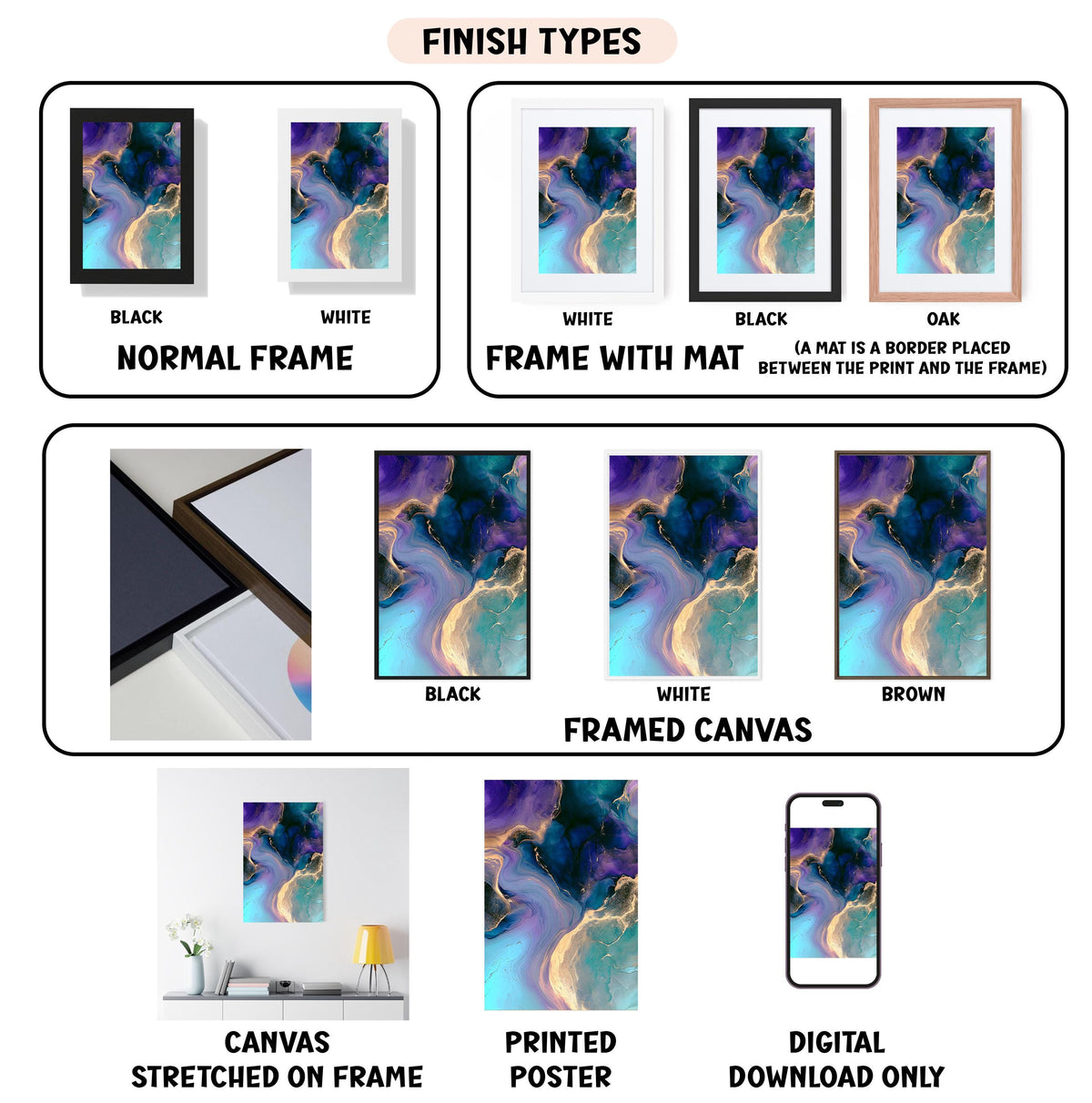 various types of artwork, including canvas prints, framed canvases, stretched canvas prints, and digital download options.