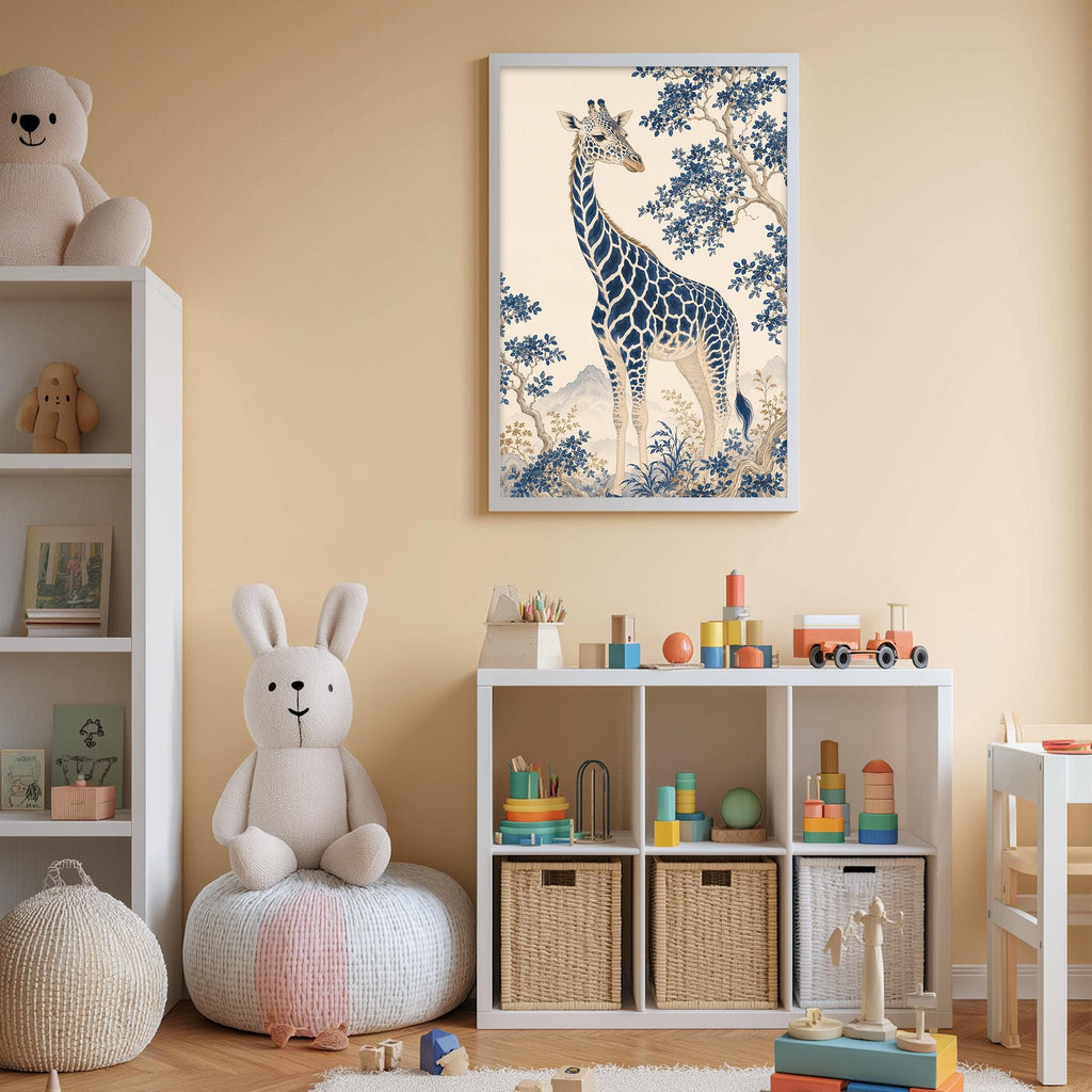 A child's bedroom with a giraffe painting on the wall, a white bookshelf filled with toys, and a stuffed rabbit sitting on a bean bag chair.