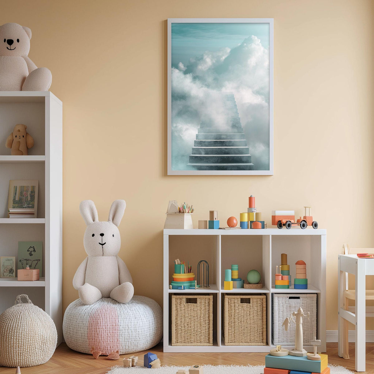 A cozy children's room with a white bookshelf, a plush rabbit, and a colorful toy box filled with toys. Above the bookshelf, there is a framed picture of a cloud-like staircase leading to a sky.