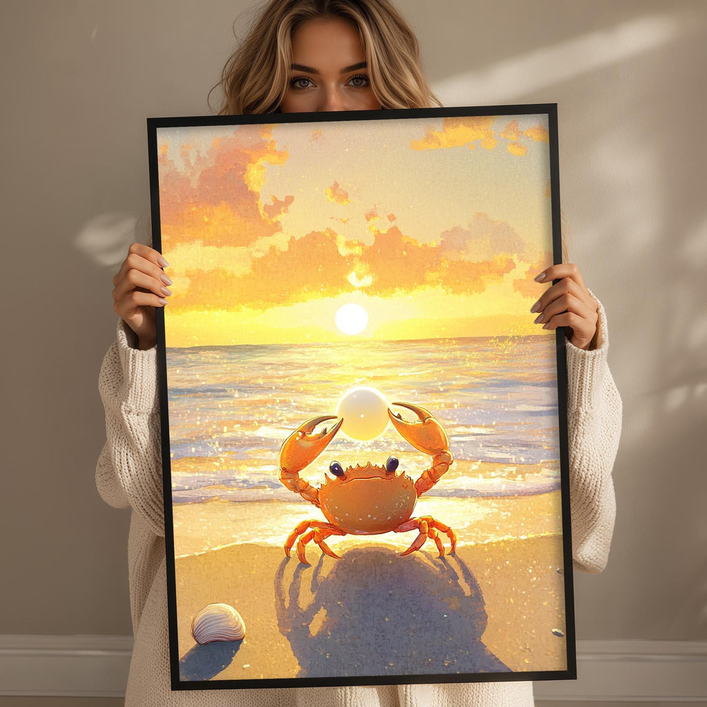 A woman holds up a framed painting depicting a crab on a beach at sunset.