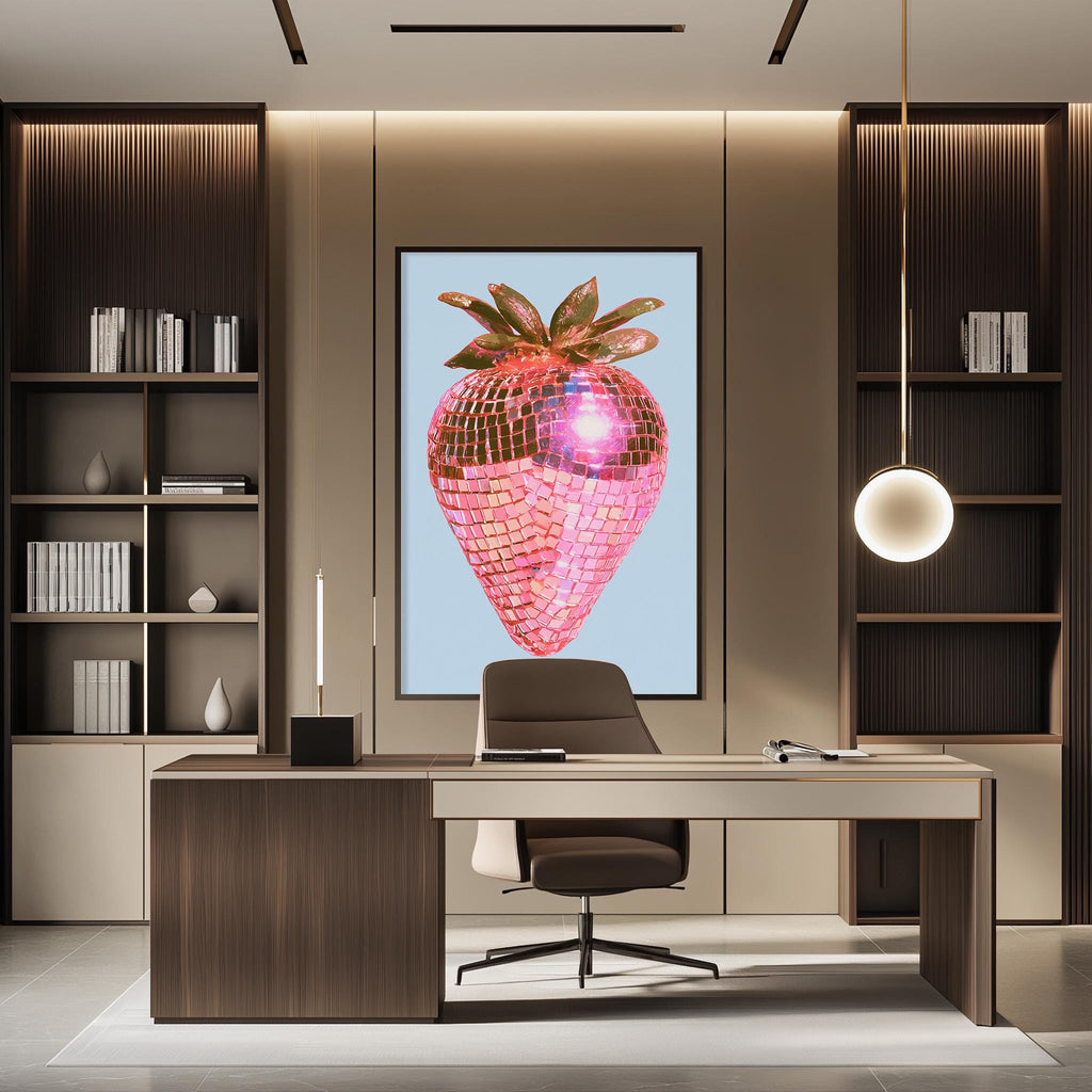 a modern office space with a large, colorful, and abstract painting of a strawberry on the wall. The office has a wooden desk, a chair, and a bookshelf, creating a professional and stylish atmosphere.