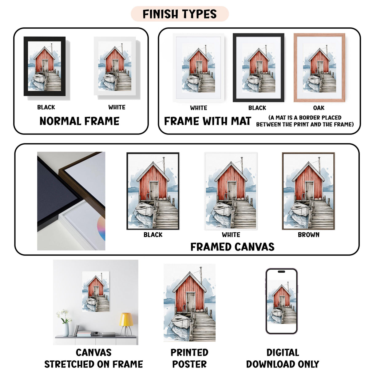 various finish types for a framed artwork depicting a house with a dock, including a black frame, white frame, black mat, white mat, black frame, white canvas, black canvas, white poster, and digital download only.