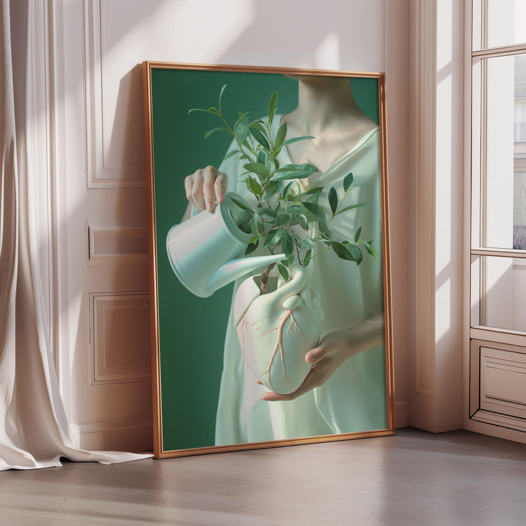 A framed painting depicting a person's hand holding a plant with green leaves and a white vase, set against a green background.