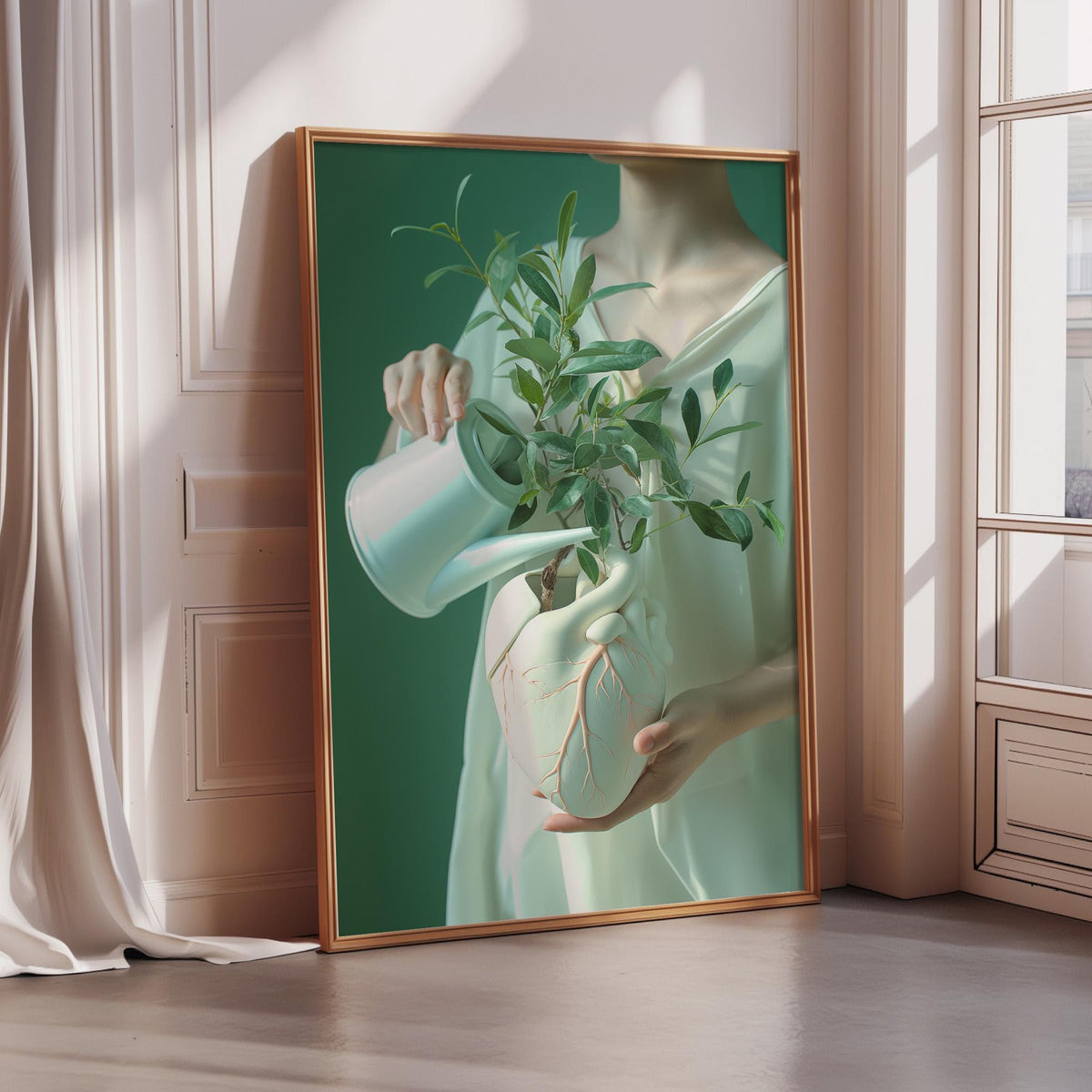 A framed painting depicting a person's hand holding a plant with green leaves and a white vase, set against a green background.