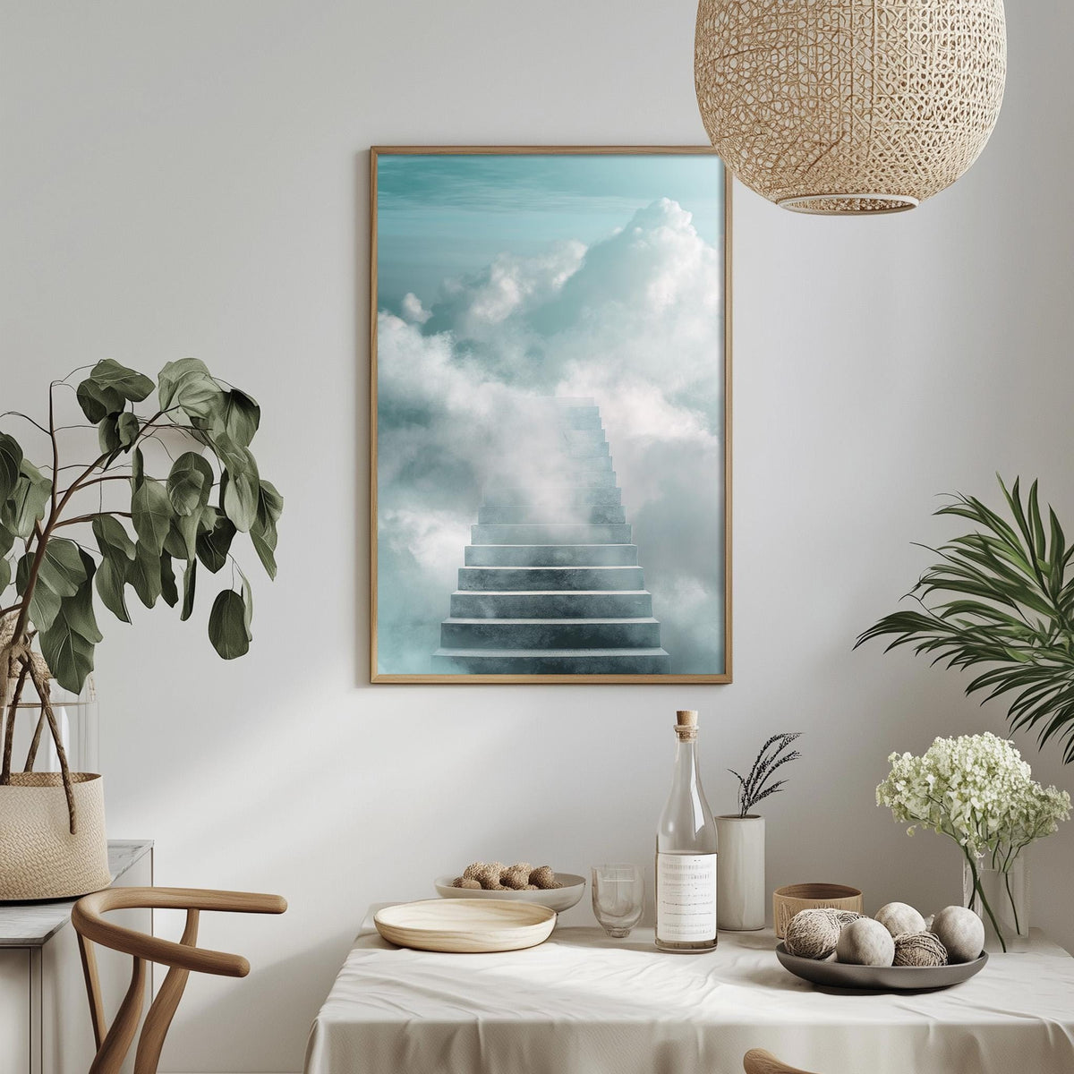 a serene indoor setting with a dining table, a potted plant, and a framed picture of a staircase leading up to a sky filled with clouds.