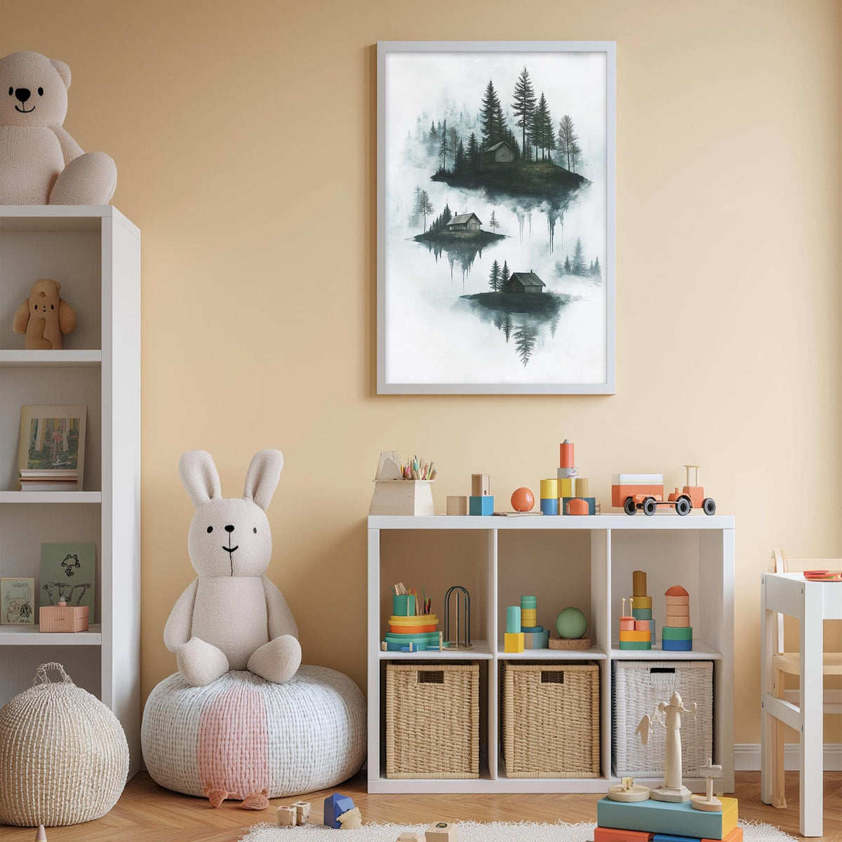 A cozy children's room with a teddy bear, a bookshelf, and a toy chest filled with toys. The room has a warm, inviting atmosphere with a framed landscape painting hanging on the wall.